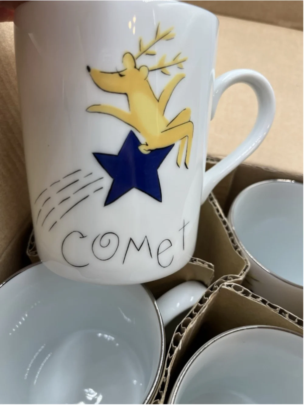 NIB Pottery Barn Reindeer Mugs, Comet, Cupid, Donner, & Blitzen Set of 4 JAPAN